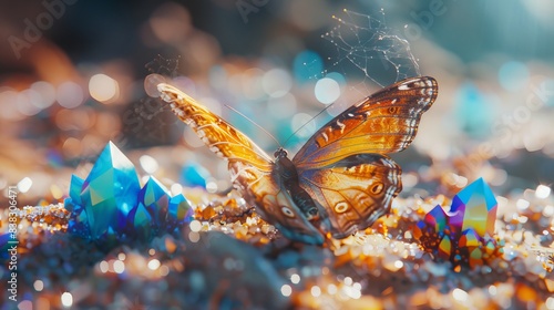 Science fantasy sand or gravel becomes butterflies of mythical legend background. Large stunningly beautiful fairy wings abstract paint 3D render.