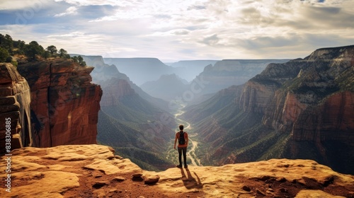 person standing top canyon view hiking explore success trip relax.