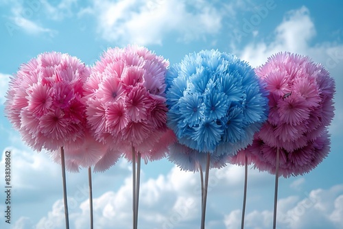 Colorful fluffy pom-poms on sticks against a bright blue sky with clouds, creating a whimsical and cheerful atmosphere.