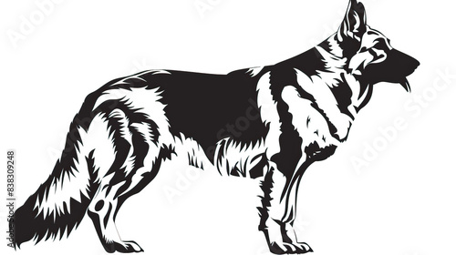 Simple, clear, artisanal stencil print style illustration of German Shepherd Alsatian dog isolated on white background. Stencilled graphic design, modern, minimalist, 2D, product, black and white