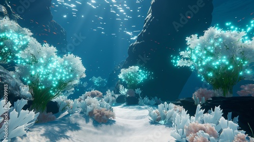 An immersive AI-generated underwater world, where bioluminescent creatures swim gracefully amidst white coral reefs in crystal-clear waters.