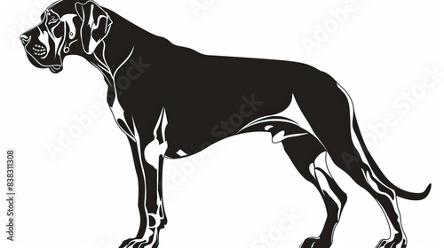 Simple, clear, artisanal stencil print style illustration of Great Dane dog isolated on white background. Stencilled graphic design, modern, minimalist, trendy, product, black and white
