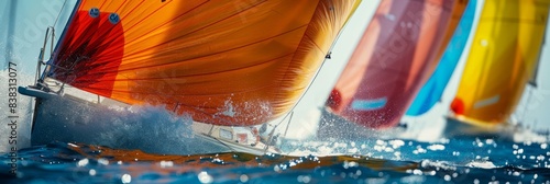 A low-angle, close-up shot of two sailboats racing side-by-side, their sails taut and full, during a regatta. The boats are neck and neck, creating a sense of intense competition