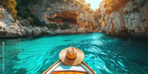 Person wearing a hat on a boat exploring tranquil blue waters surrounded by rocky cliffs under the warm sunlight.