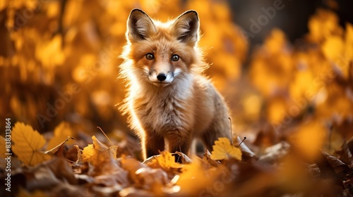 Curious red fox exploring a woodland habitat in autumn 