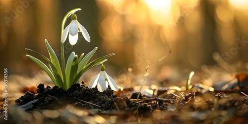 Snowdrop flower knocked out of soil in forest under sunlight. Concept Nature, Winter, Flowers, Forest, Lighting