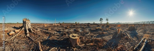 A wide-angle view of a recently clear-cut forest with scattered tree stumps. The sun is shining brightly in the sky, casting long shadows across the barren landscape