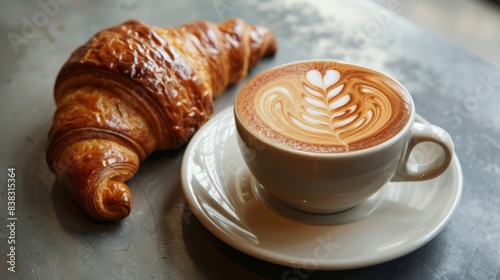 A delicious croissant beside a beautifully crafted cappuccino with latte art on a rustic table, perfect for breakfast or a coffee break.