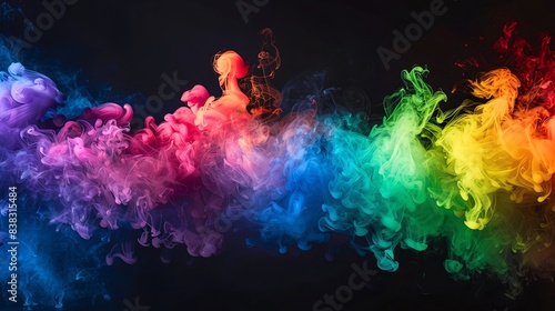 Heavy Fog Rainbow smoke, negative space, isolated on black background, advertising photoshoot, pride month LGBTQIA theme