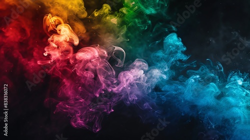 Monochrome Rainbow smoke, negative space, isolated on black background, advertising photoshoot, pride month LGBTQIA theme