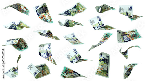 Set of Icelandic krona notes flying in different angles and orientations isolated on transparent background. currency of Iceland