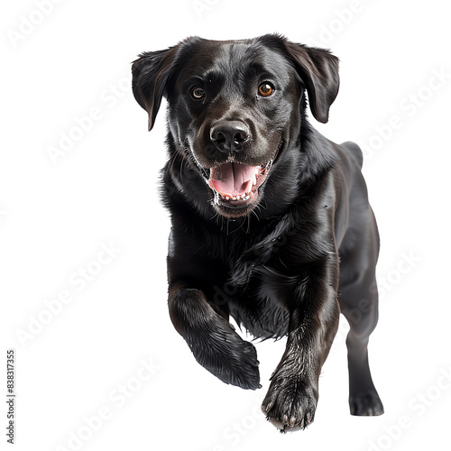 A black Labrador Retriever dog running towards the camera with a happy expression.