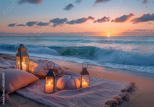 A serene beachside picnic at sunset, with a cozy blanket and lanterns creating a magical atmosphere. The gentle waves and stunning sunset provide a perfect backdrop for relaxation.