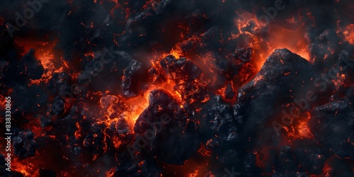 Close Up View of Molten Lava Flowing Through Dark Volcanic Rocks. Generative AI