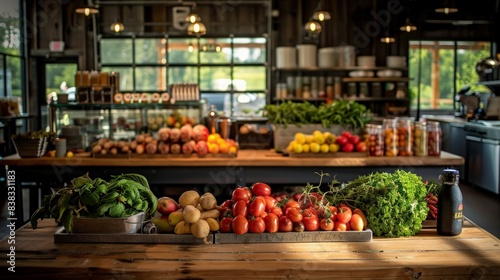 Farm-to-Table Dining: Illustrate a farm-to-table dining experience with fresh produce, rustic tables, and an open kitchen,