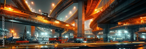 A low-angle view of a highway interchange under construction at night. Orange lights illuminate the massive structure