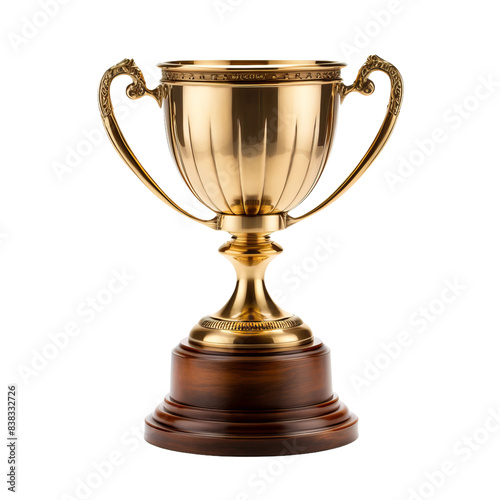 gold tropy cup with plain solid handles and a wooden base on an isolated white background