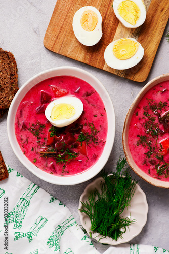 Polish summer vegetable soup made from beet tops with boiled egg botwinka .