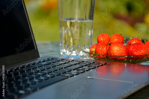 home office w ogrodzie, praca przy komputerze w ogrodzie, laptop. truskawki i woda na stoliku w ogrodzie w słonecnzy dzień, home office in the garden, laptop, strawberries and water on a table