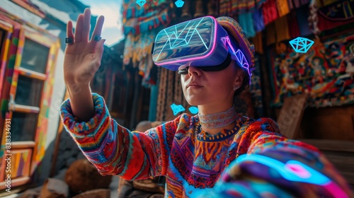 A girl in traditional colorful clothing and VR glasses reaching for holographic shapes. Fusion of tradition and tech in a wide-angle scene for immersive exploration.