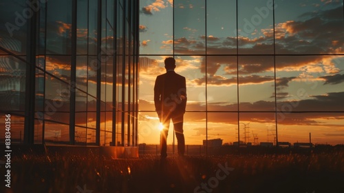 A silhouette of a CEO standing on the front of a modern office building illustrating the dynamic power of leadership to succeed.