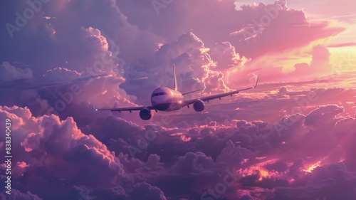 The plane flies in pink clouds