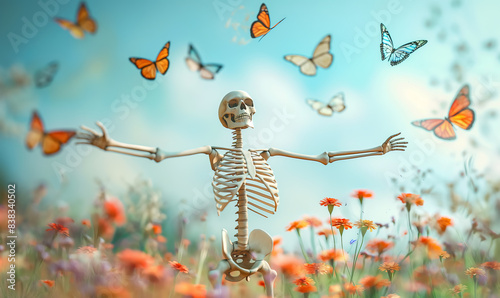 Skeleton with arms outstretched in a field of flowers, surrounded by butterflies, symbolizing irony and the concept of too late for freedom