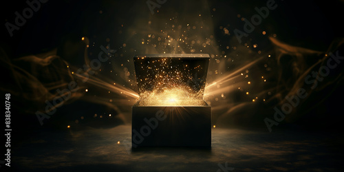 An open black box emitting a burst of glowing golden sparks and light, symbolizing mystery, magic, and surprise, perfect for a Black Friday shopping concept