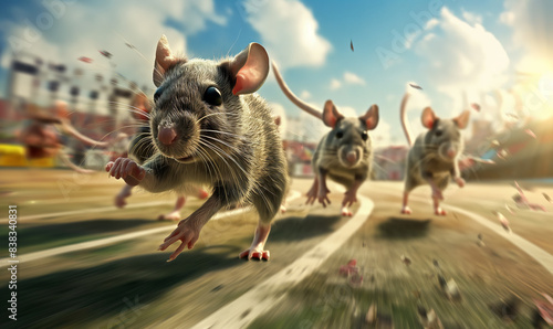 Close-up of rats running on a race track, illustrating the concept of a rat race with motion blur to emphasize speed and competition