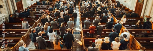 A commercial photograph capturing the moment a large group of people enters a church, filling the pews and aisles