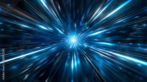 Blue light streaks converge in a dark void, creating a vibrant warp speed effect in a sci-fi scene.