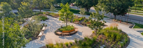 An aerial view showcasing a city park with benches and trees. The park features green infrastructure, such as rain gardens and permeable surfaces