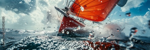 A low angle shot of a red sailboat racing in the ocean, with the sail billowing in the wind and creating a spray of water
