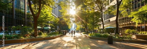  Pedestrianfriendly plaza with tall buildings and trees lining the street creating a green refuge in the cityscape
