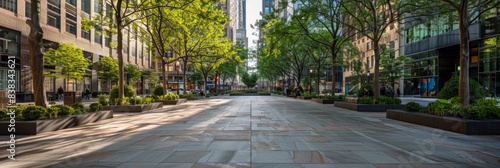 A wide, empty plaza lined with tall buildings and lush trees, creating a serene escape from the bustling cityscape
