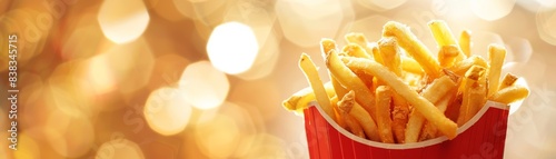 Golden French fries in a red container with a bokeh background, symbolizing delicious fast food and joyful moments.