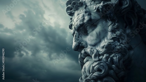 Close-Up of a Stone Statue of a Bearded Man Against a Cloudy Sky. Generative AI