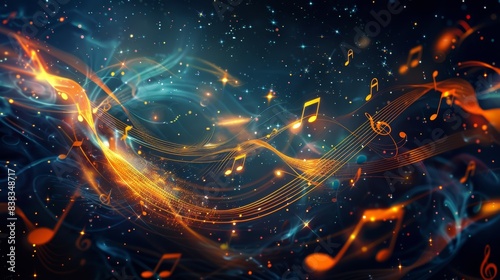 An artistic depiction of musical notes swirling in a cosmic, starry background, symbolizing the universal language of music.