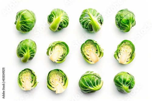 Fresh green brussels sprouts and cabbage on white background