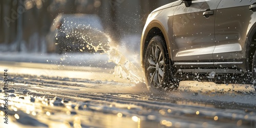 Tires of a car splashing slush on the road. Concept Car Tires, Slush Splash, Winter Driving, Road Conditions, Vehicle Safety