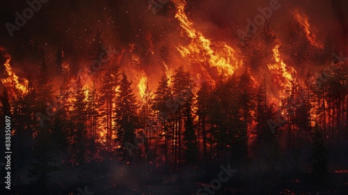 A forest incinerated by fire. Forest fire, forest on fire. Fire Hazard