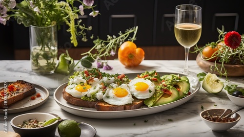Elegant brunch spread with avocado toast, poached eggs, and mimosas 
