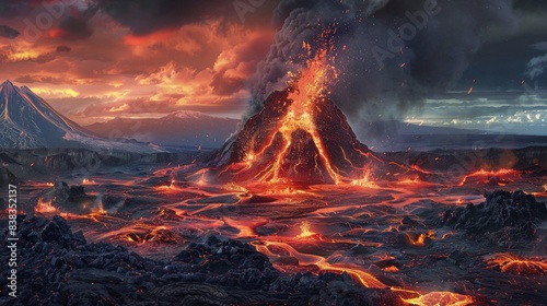 Volcanic eruption, lava, ash, smoke
