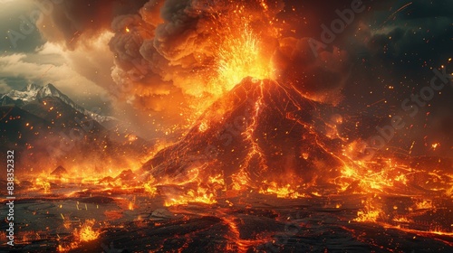 Volcanic eruption, lava, ash, smoke