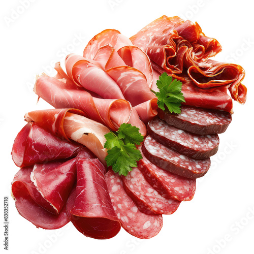 Close up of a variety of cured meats isolated on transparent background