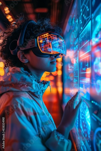 An individual utilizing augmented reality goggles, engaging with virtual items and conversing fluently with others in a mixed reality setting.