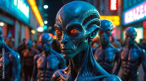 Aliens walking in a neon-lit urban area among people. Extraterrestrial beings blending into a vibrant nightlife. Concept of alien presence, neon lights, science fiction, urban environment