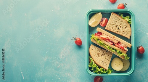 The lunchbox features delectable sandwiches and fresh snacks on a blue background, offering copyspace for text or advertising
