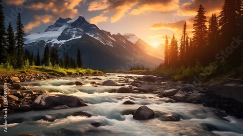 A panoramic view of a mountain river at sunset. Taken in Jasper National Park, Alberta, Canada.