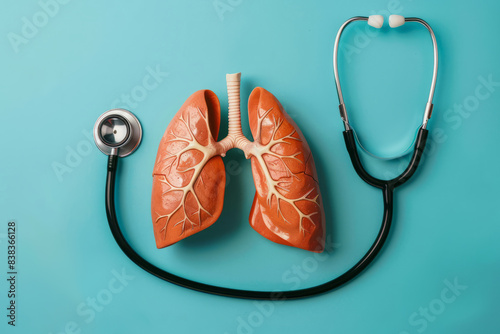 Human lungs model with stethoscope on empty blue background with space for text or inscriptions, top view 